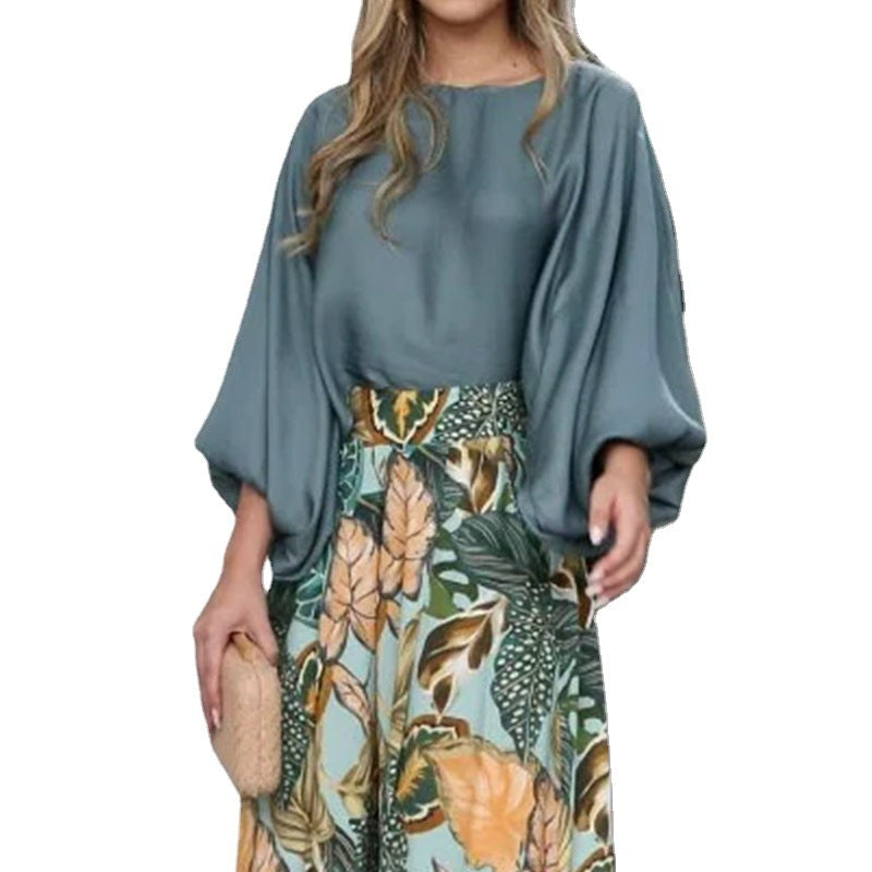 Summer Women's Outfit with Lantern Sleeves and Wide Leg Pants
