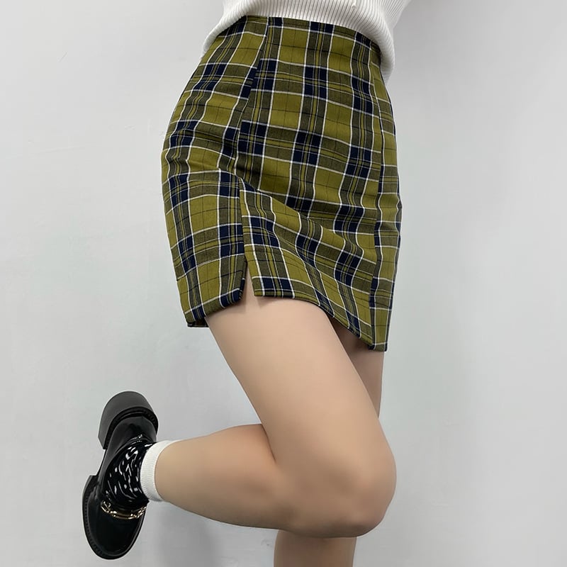 High Waist Side Slit Plaid Skirt with Contrast Color
