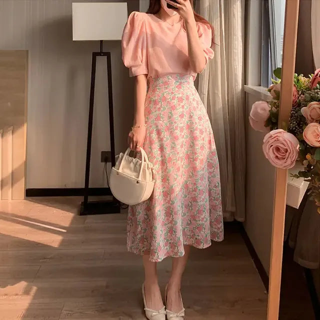 2024 Pink Chiffon Two-Piece Skirt and Top Set