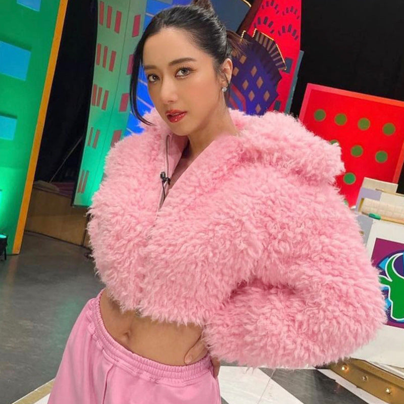 Pink Plush Thick Short Jacket for Women - Y2K Fashion