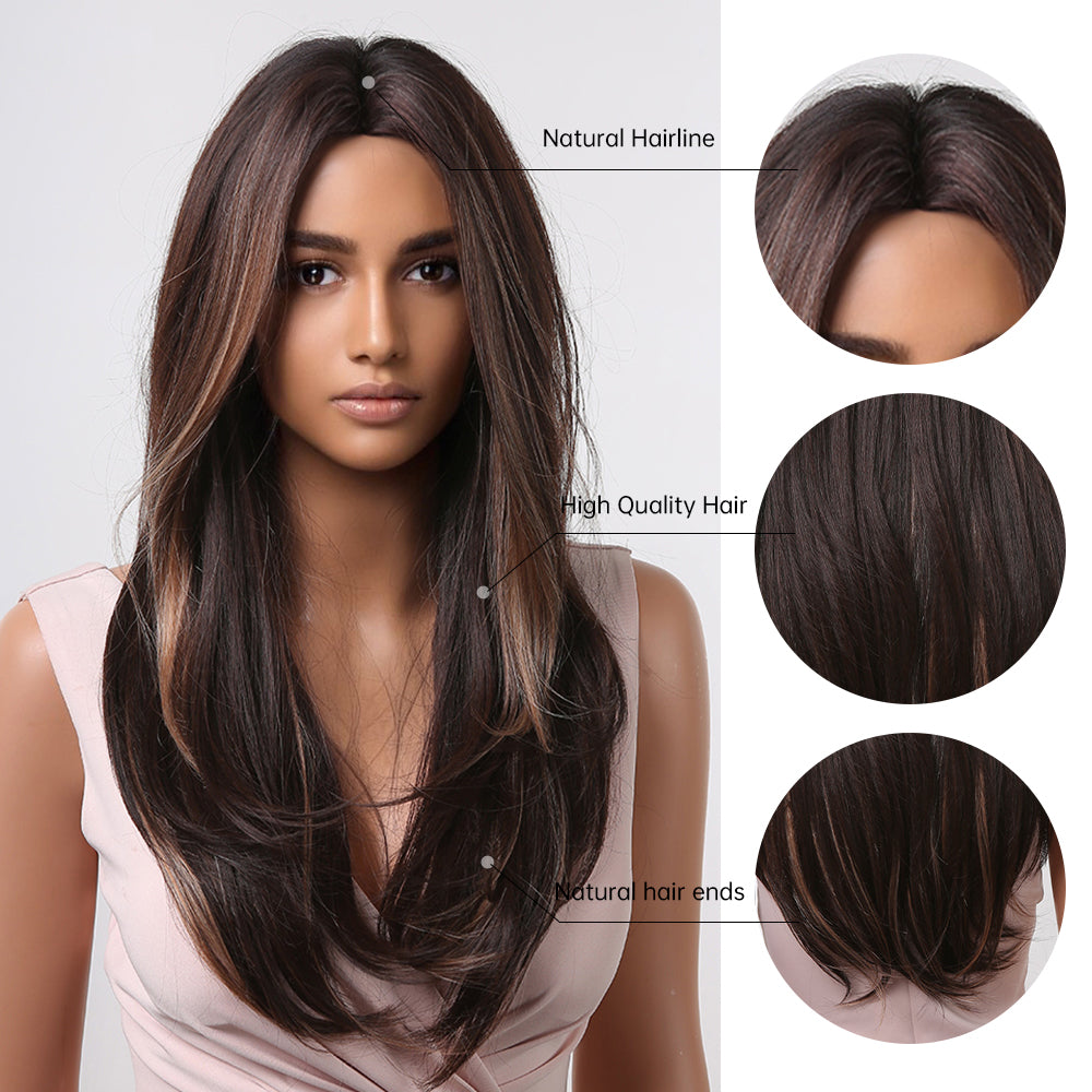 Women's Long Wavy Brown Blonde Highlight Wig