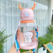 Cute Cartoon Antler Water Bottle 600ml with Strap