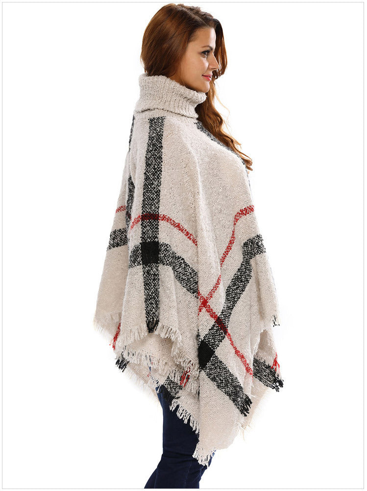 Knit Sweater with Turtleneck and Fringe Cape Design