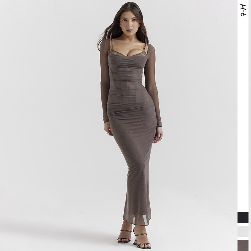 Elegant Mid-Length Dress with Lace and Mesh for 2024