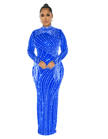 Women's Rhinestone Mesh Long Sleeve Dress Set