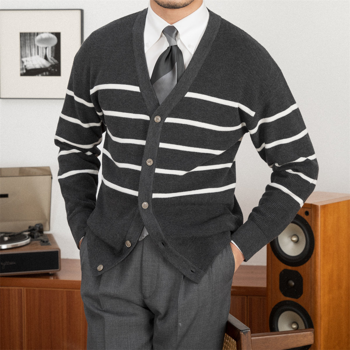 Versatile Striped V-neck Knitted Cardigan for Fashion
