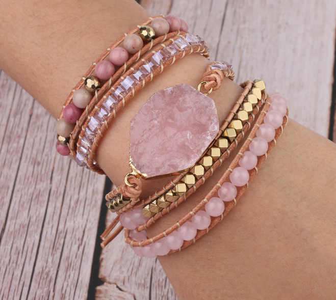 Natural Pink Quartz and Wood Stone Multi-Layer Bracelet
