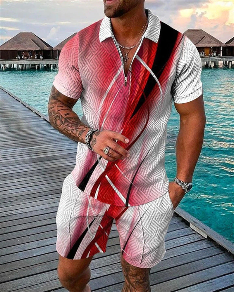 Men's Casual 3D Printed Polo Shirt and Shorts Set