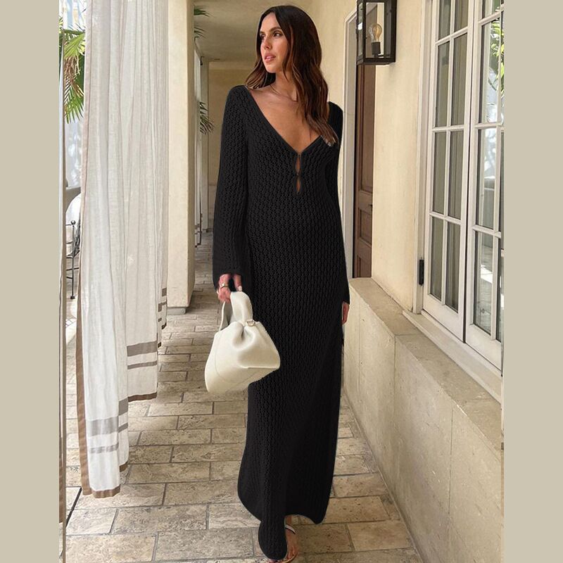 Summer Women's Solid Color Knitted Beach Cover-Up Dress