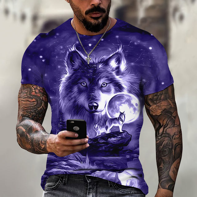 Men's Casual Short Sleeve T-Shirt with Wolf Pattern
