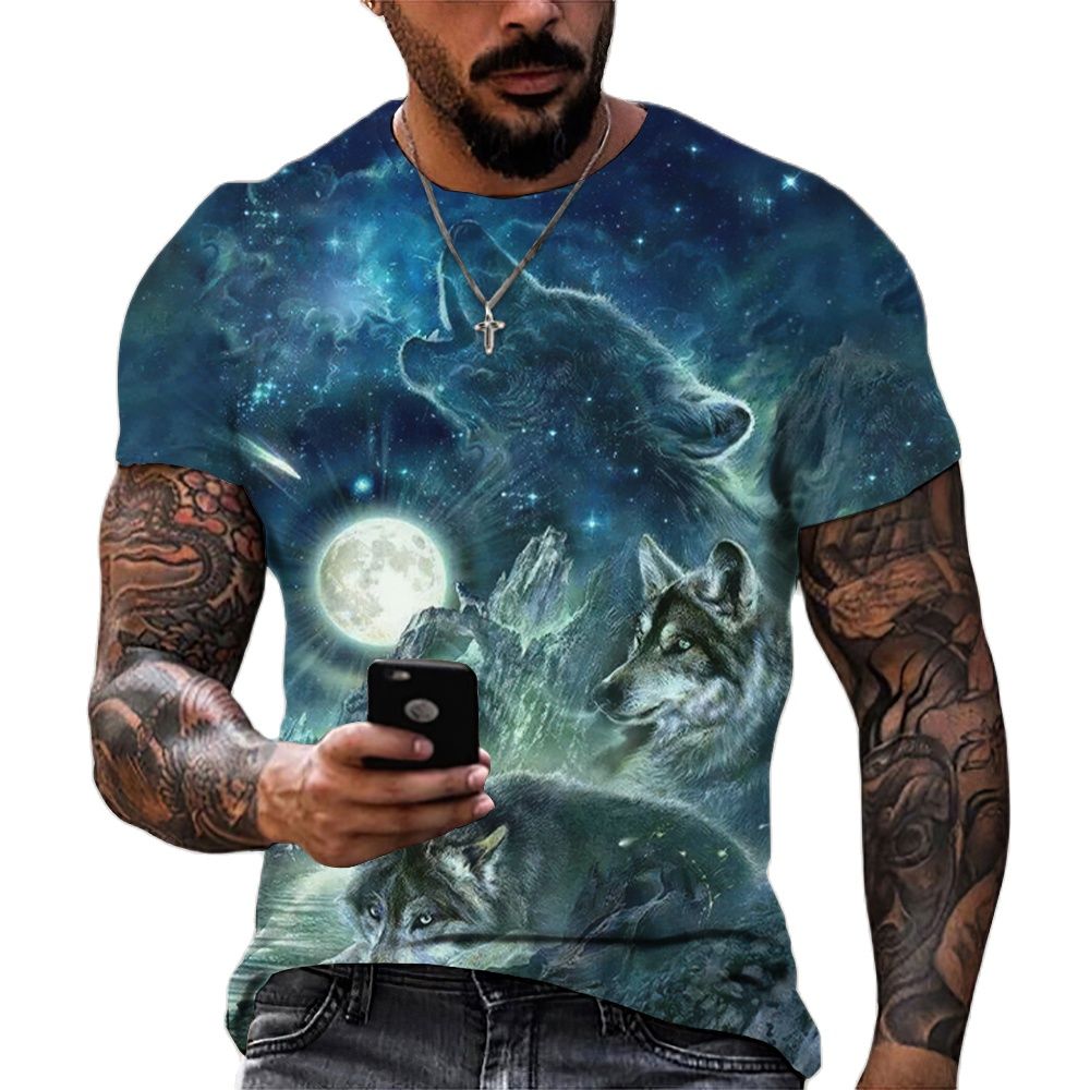 Men's Casual Short Sleeve T-Shirt with Wolf Pattern