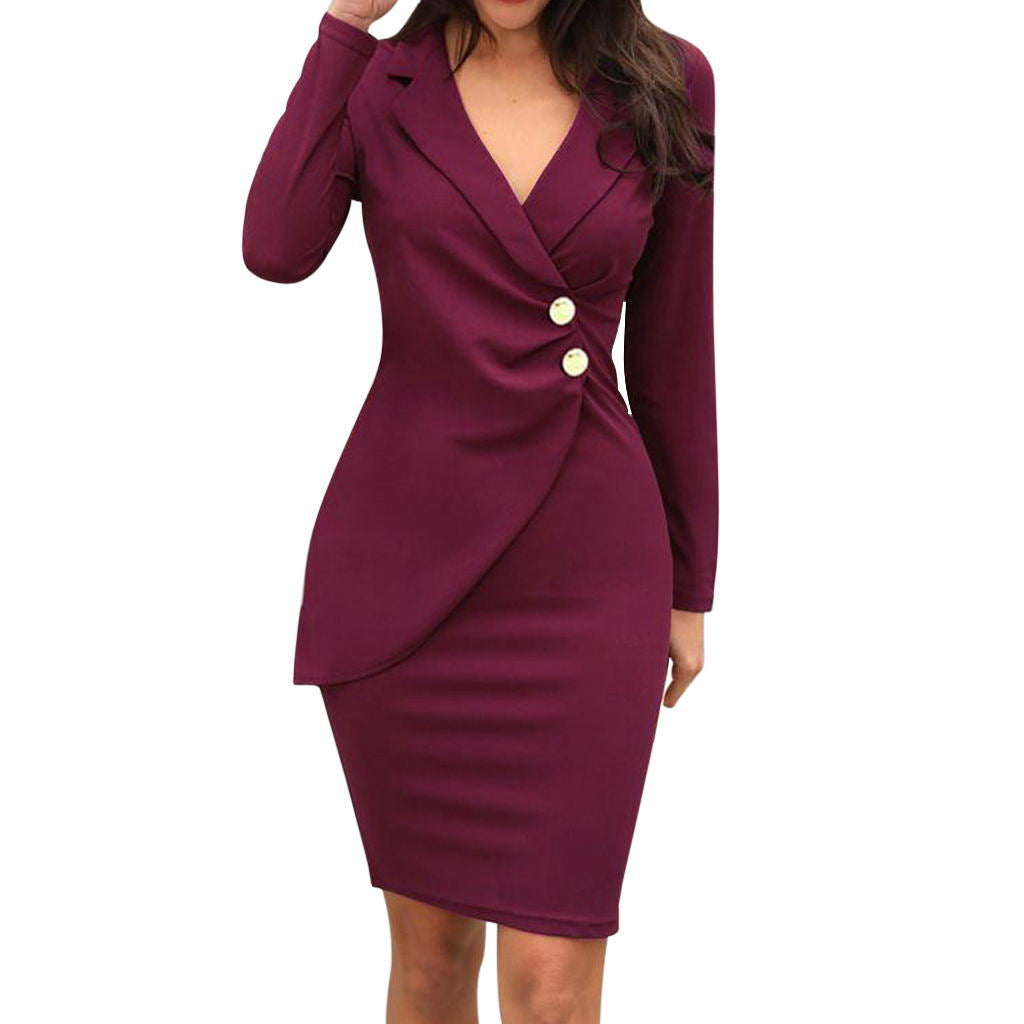 Buttoned Long Sleeve Bodycon Dress for Work (In Stock)