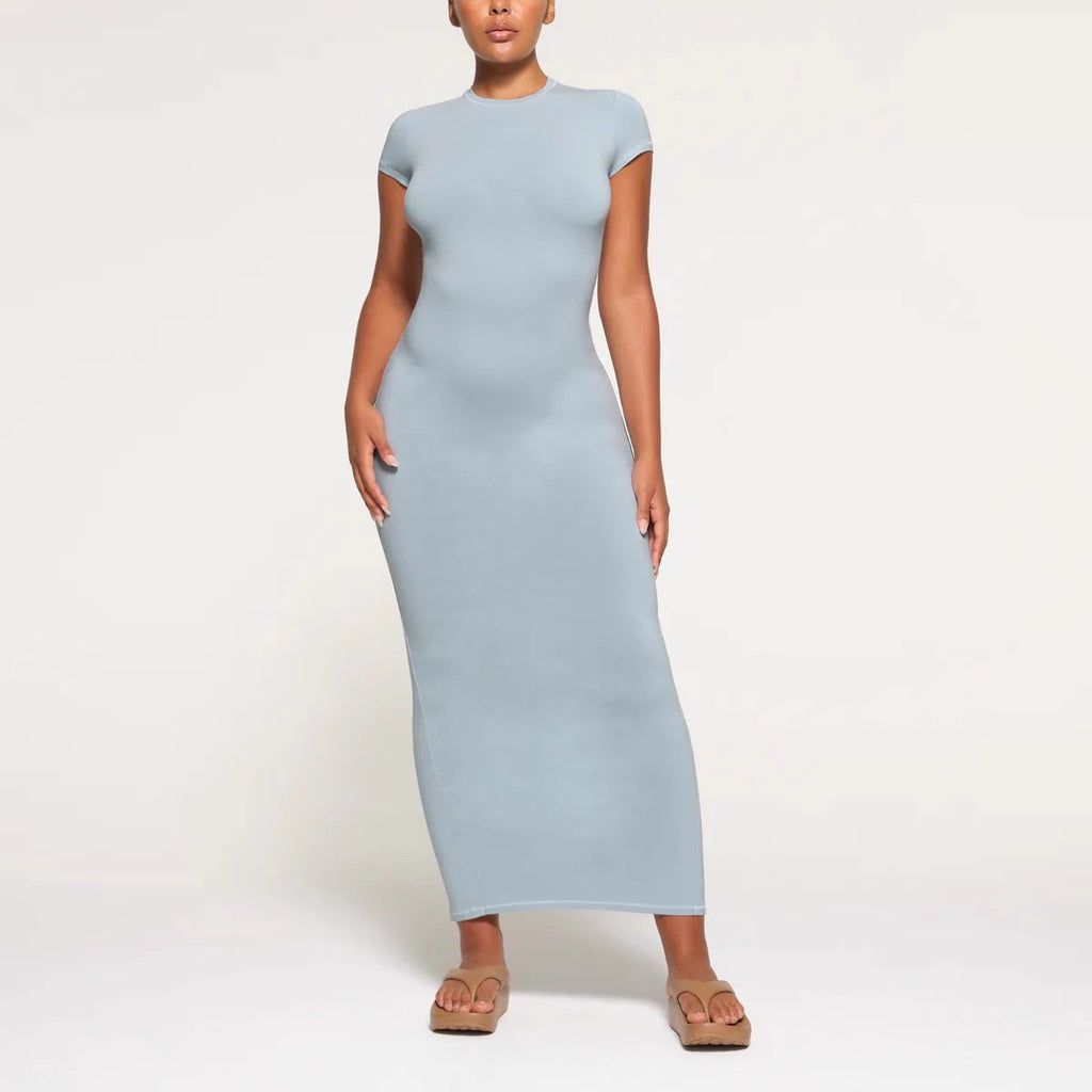 New Short Sleeve Split Thread Sheath Dress