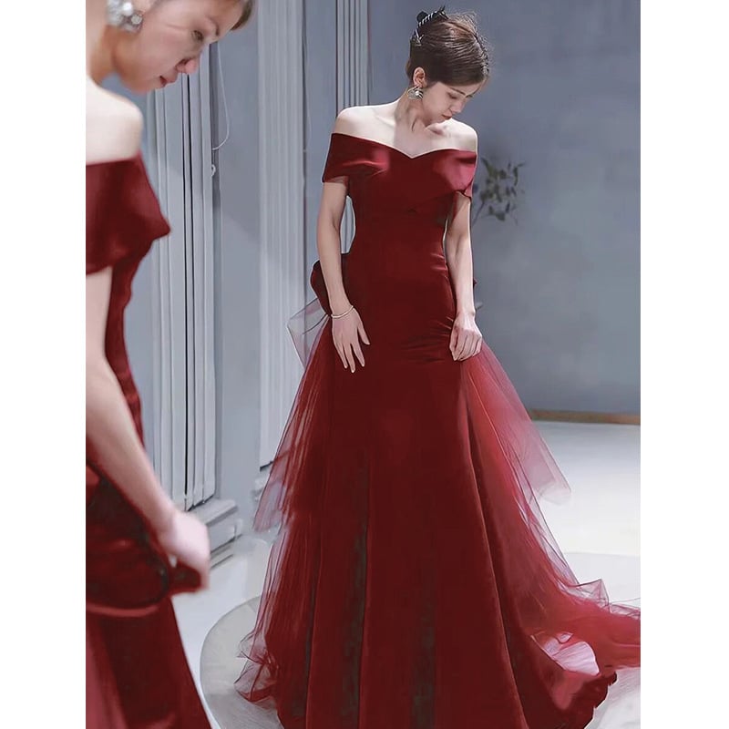 TOAST Wine Red Off-Shoulder Dress for Advanced Style
