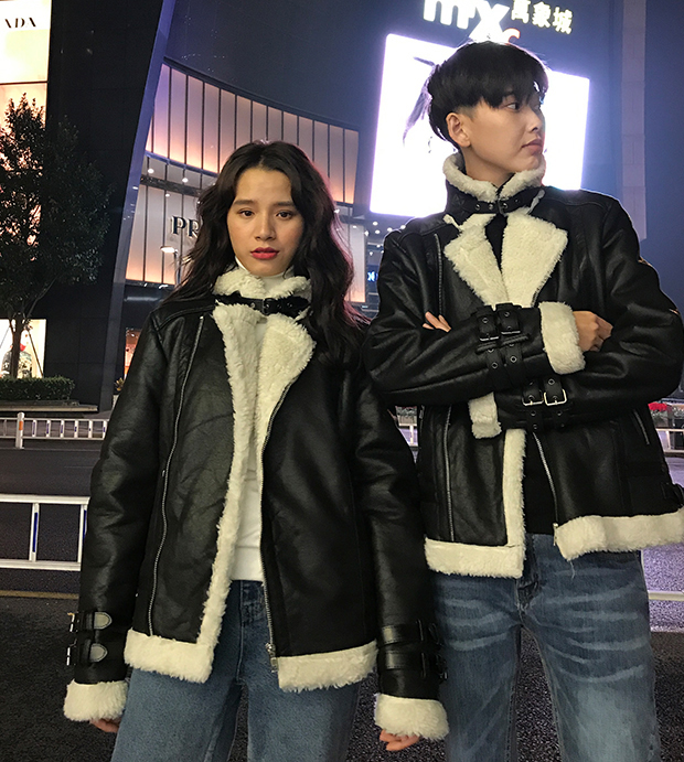 Sheepskin Collar Unisex Suede Motorcycle Jacket