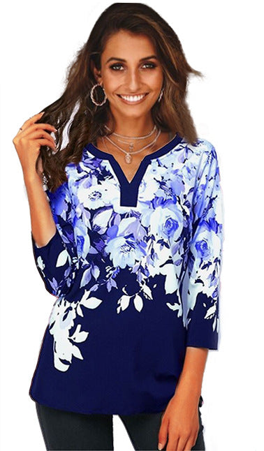 European Women's T-Shirt, V-Neck Printed Top