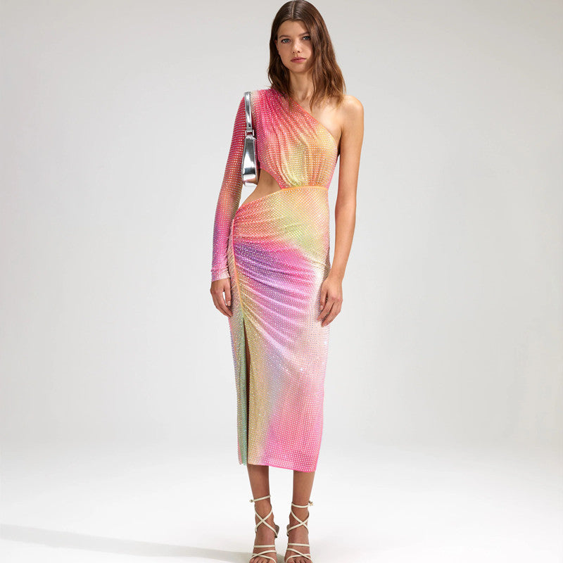 Gradient Hot Drilling One-Shoulder Hollow Dress