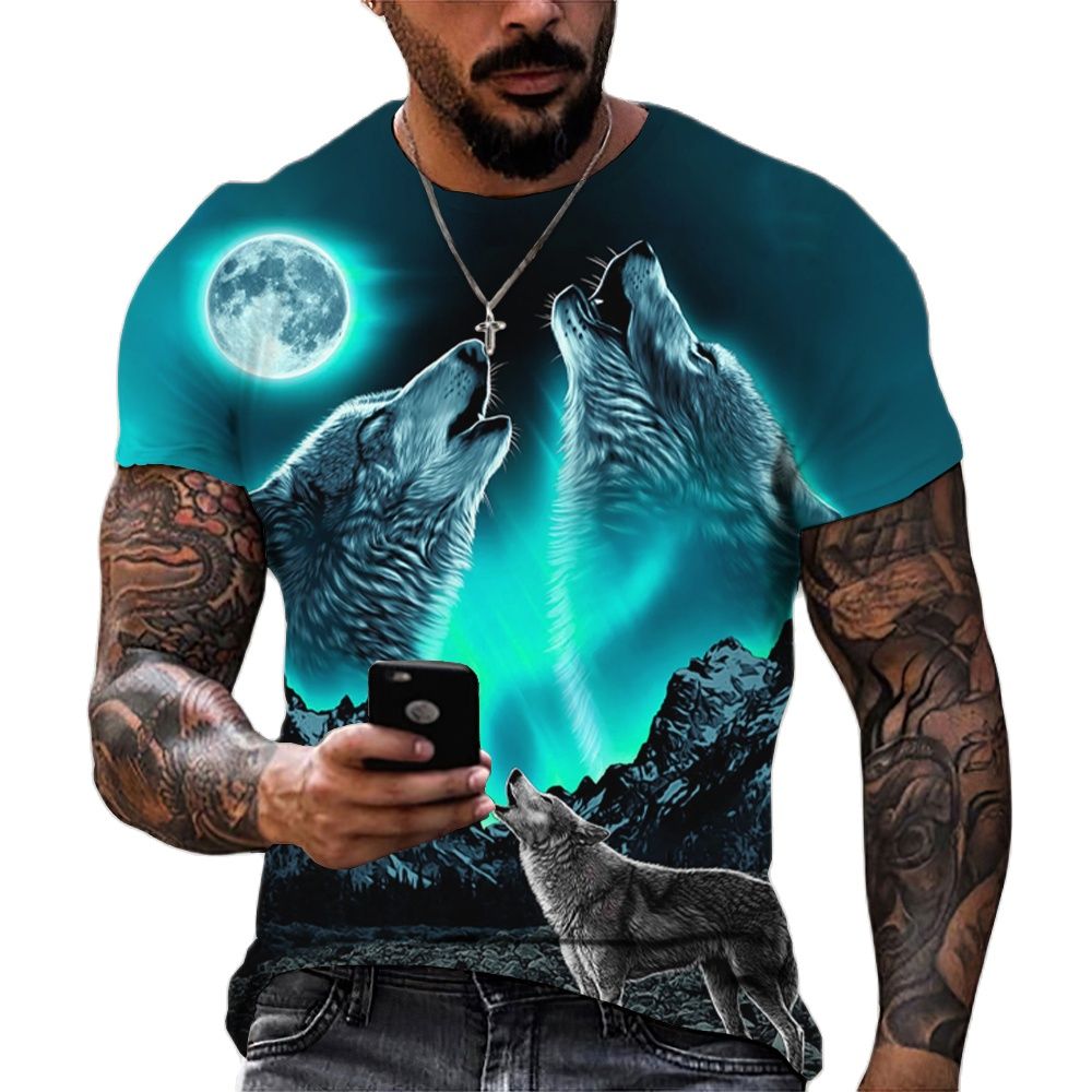 Men's Casual Short Sleeve T-Shirt with Wolf Pattern
