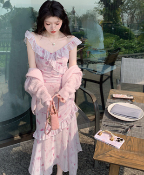 Summer Mid Length Printed Chiffon Dress