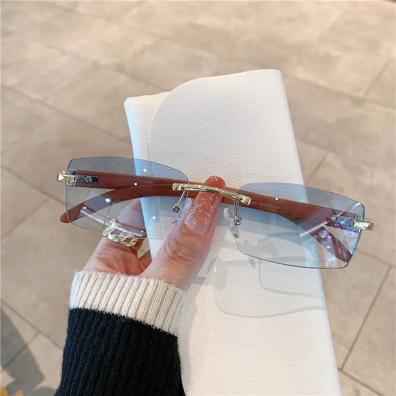 Frameless Wood Grain Retro Sunglasses UV400 for Travel
