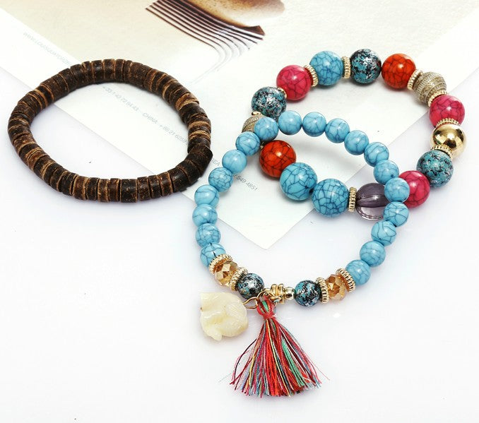 Stylish Elephant Charm Beaded Bracelet with Tassels