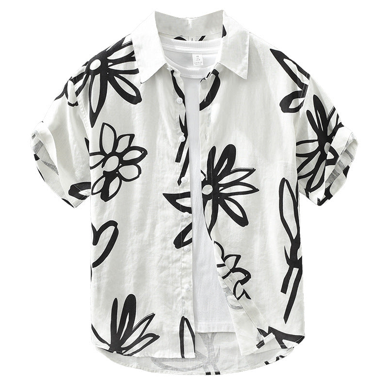 Men's Retro Floral Print Linen Short Sleeve Shirt