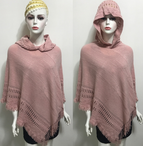 Hooded Solid Color Fringe Cape Shawl