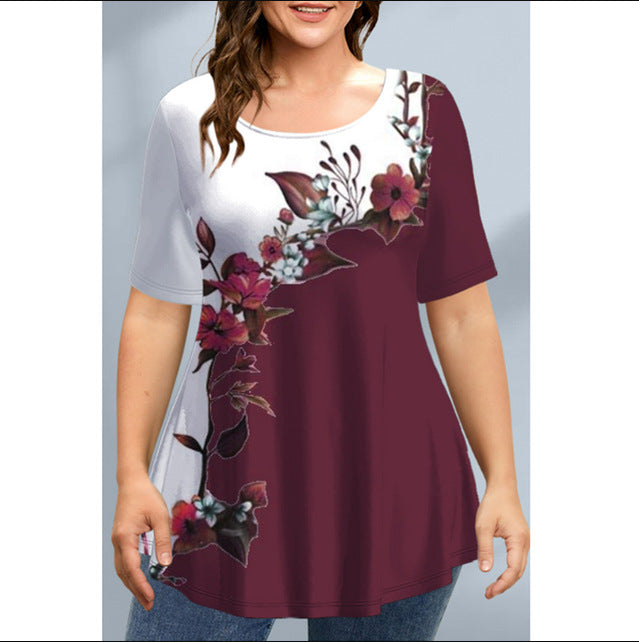 2023 Plus Size Loose Graphic Tee with Asymmetrical Hem