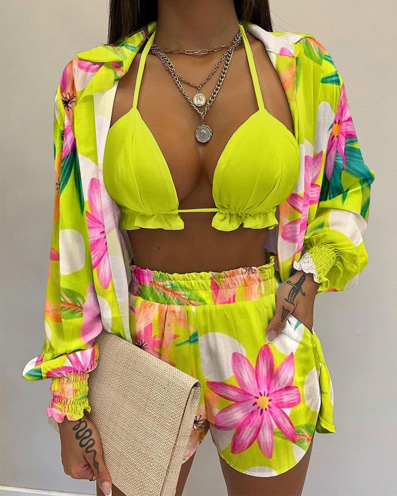 Tropical Print Lantern Sleeve Shirt and Shorts Set