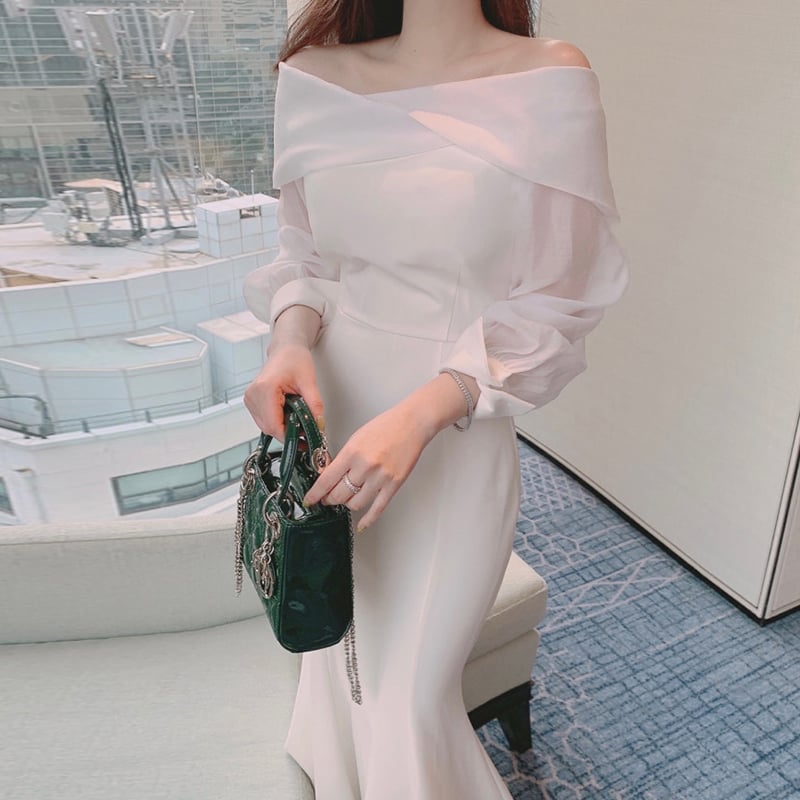Off-the-Shoulder Bubble Sleeve Fishtail Dress for Women