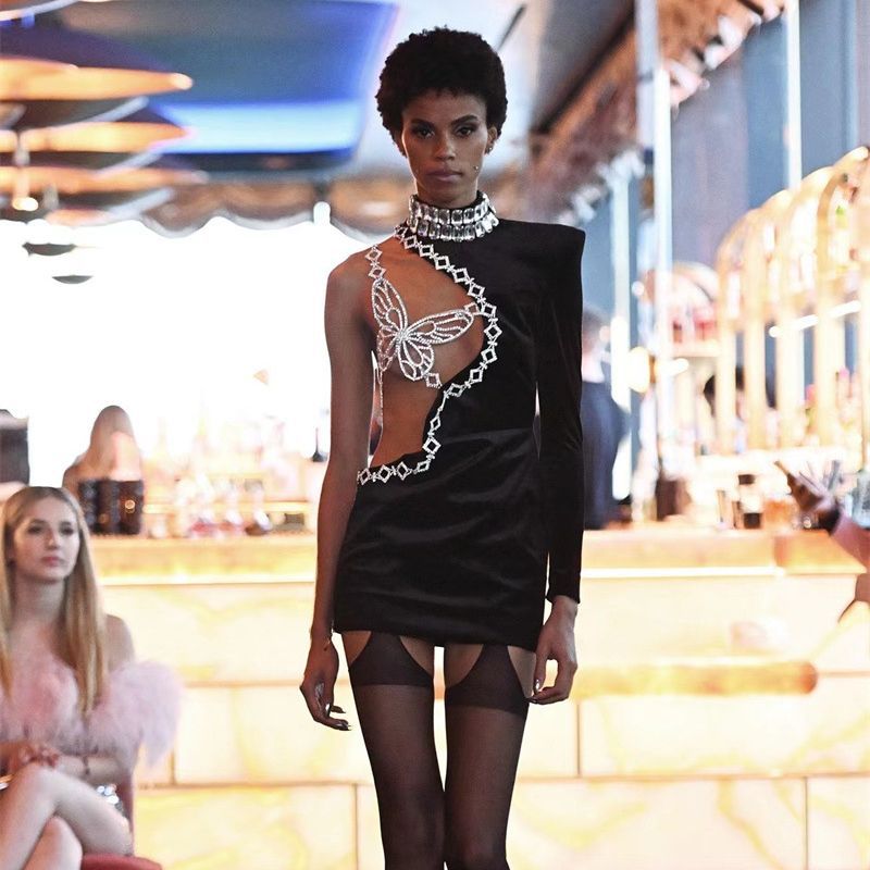 Luxury Rhinestone Butterfly Short Dress with Shoulder Sleeves