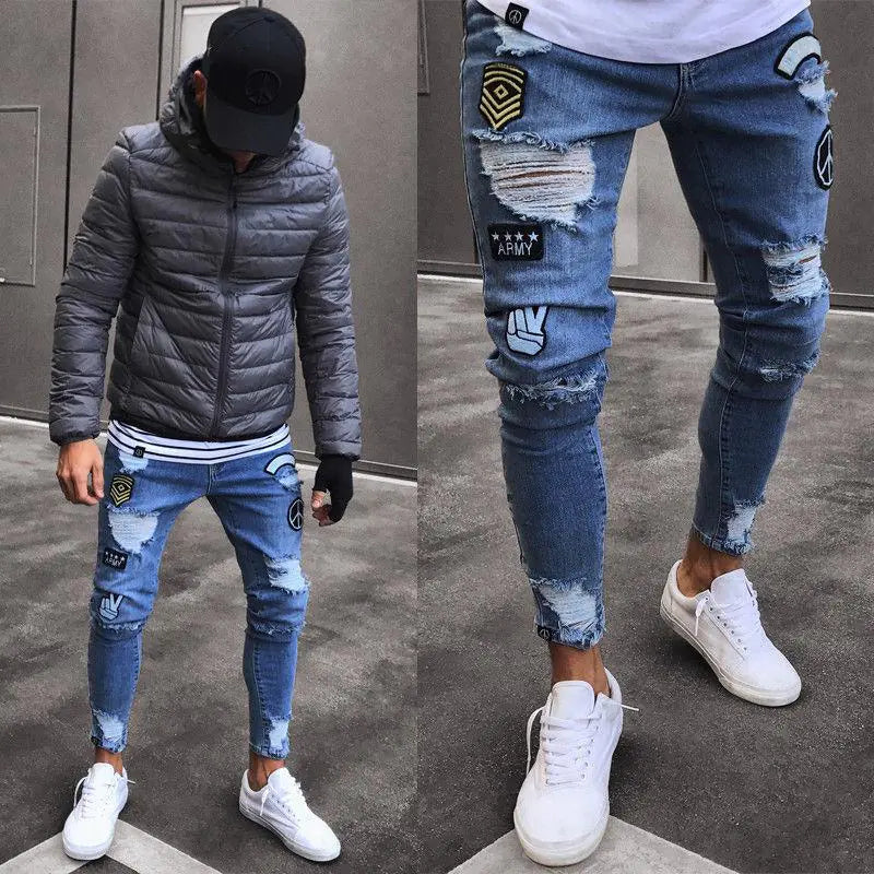 Men's Fashion Ripped Knee Zipper Slim Jeans
