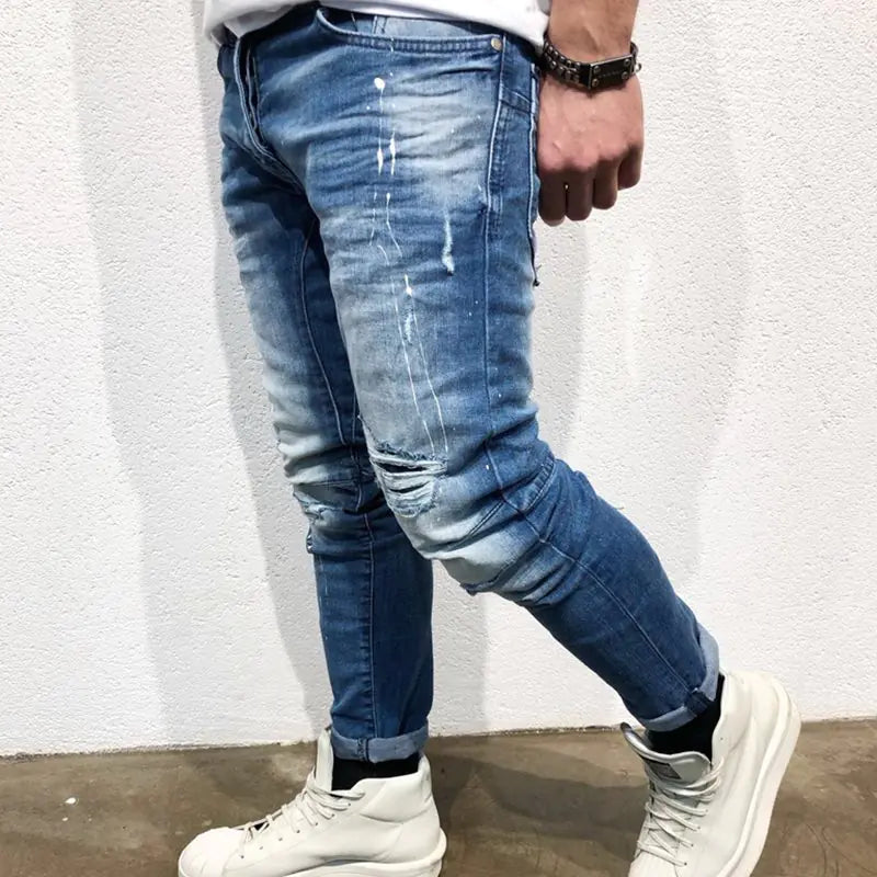 Men's Zippered Ripped Knee Slim Fit Motorcycle Jeans