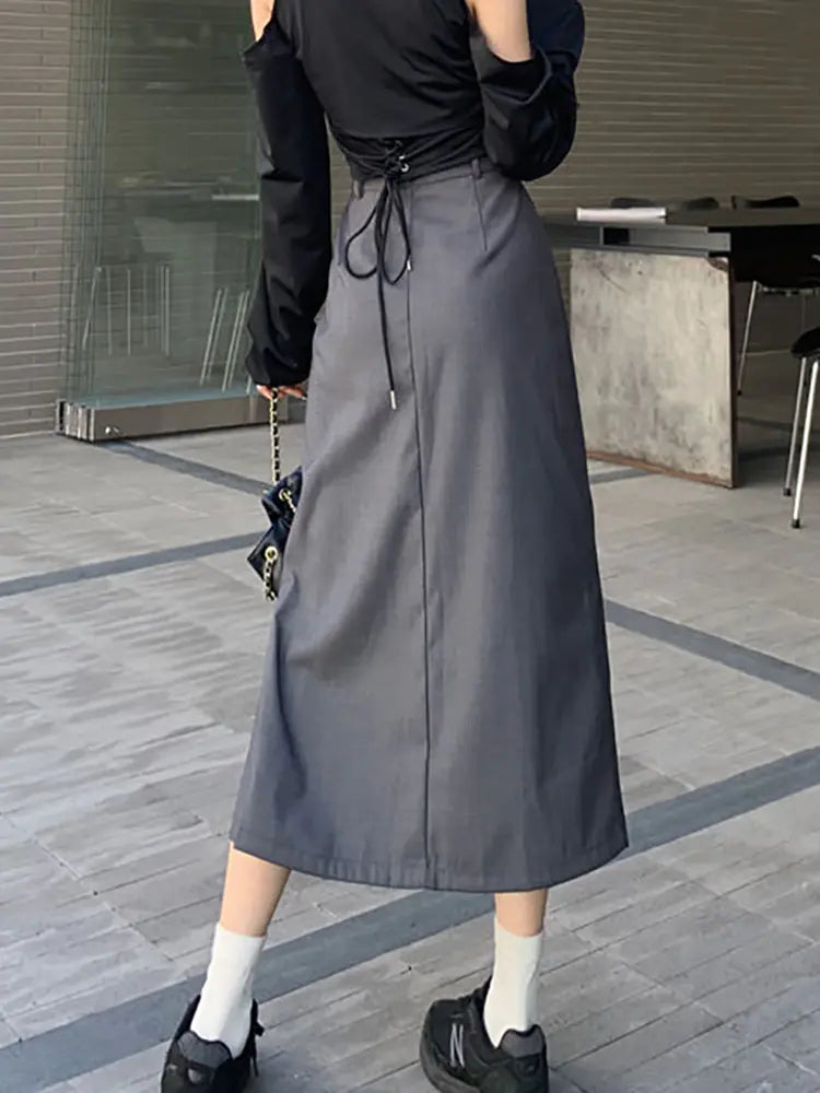 Retro Y2K Splicing Pleated Long Skirt for Women