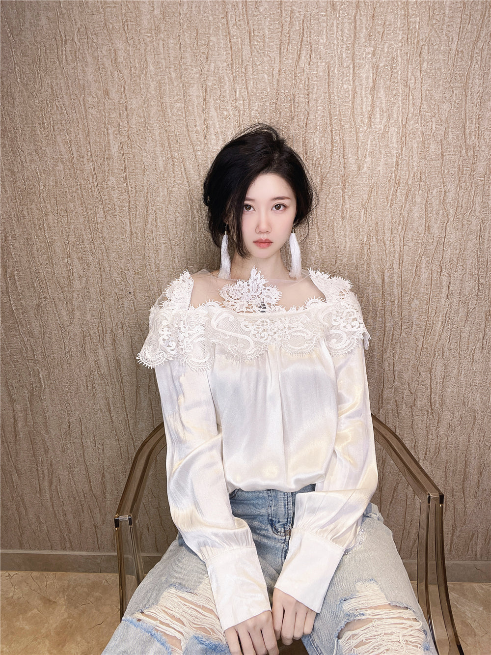 2023 Off-Shoulder Satin Silk Mesh Blouse for Women