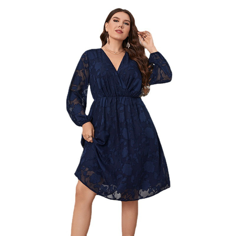 V-neck Large Size Dress with Lantern Sleeve Design