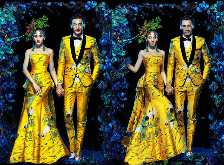 Men's Gold Yellow 4-Piece Jacquard Suit Set with Crane Pattern