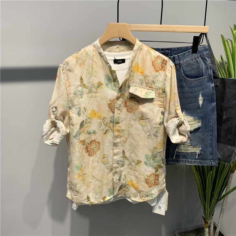 Thin Men's Short-Sleeved Linen Five-Point Sleeve Shirt