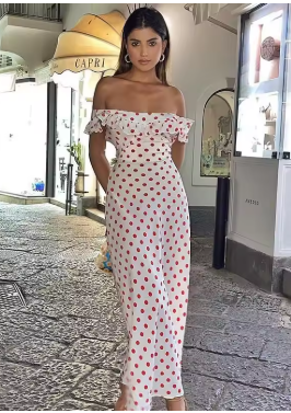 Women's Ruffle One-shoulder Polka Dot Print Silk Dress