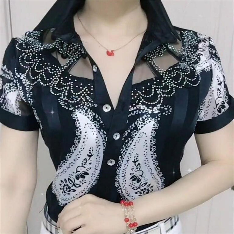 Lace Chiffon Summer Blouse with Printed Button Panel