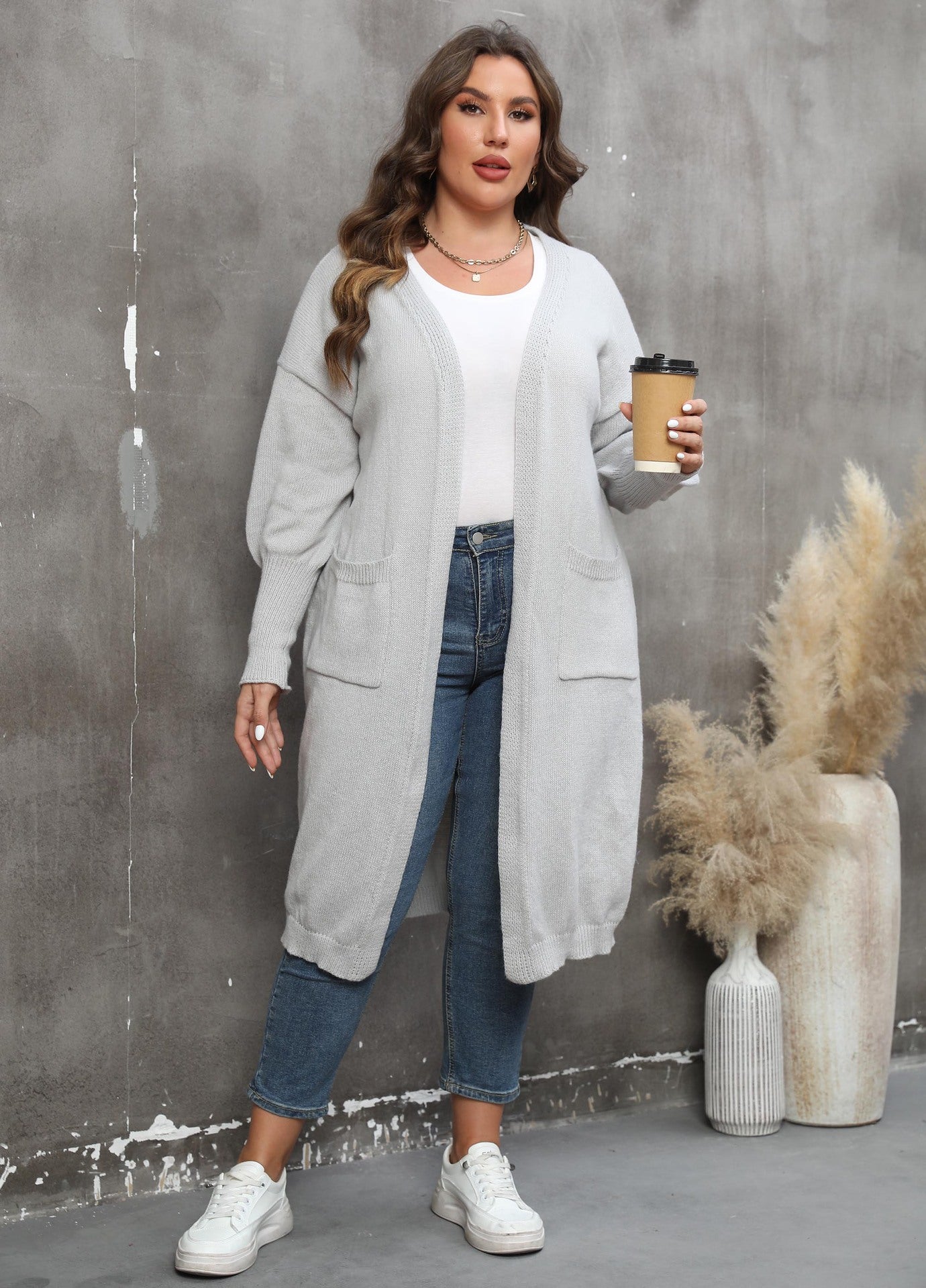 Large Loose Mid-Length Woven Sweater Coat with Pockets
