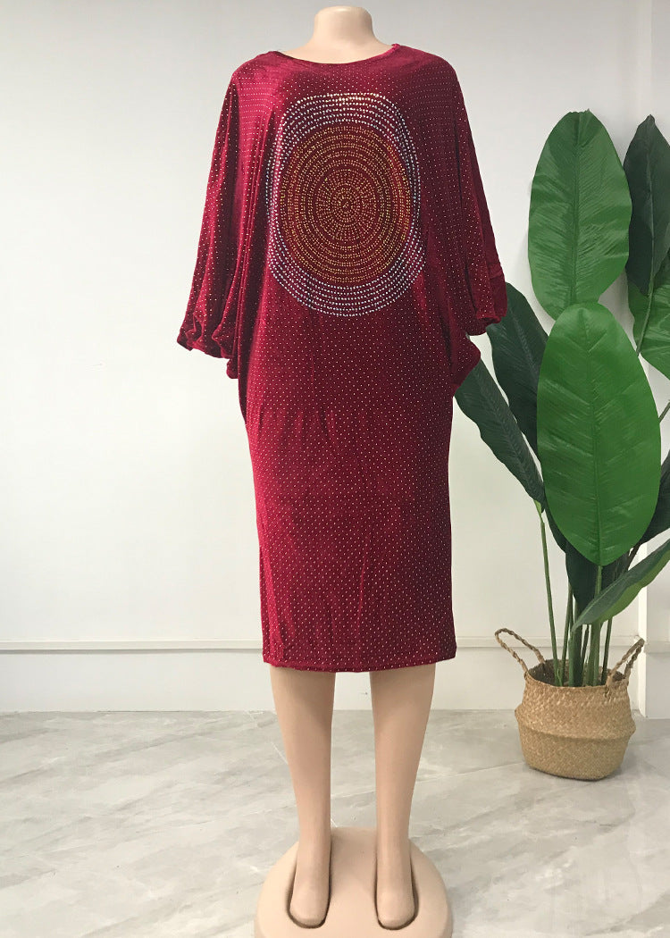 Ladies Rhinestone Bat Sleeve Casual Dress