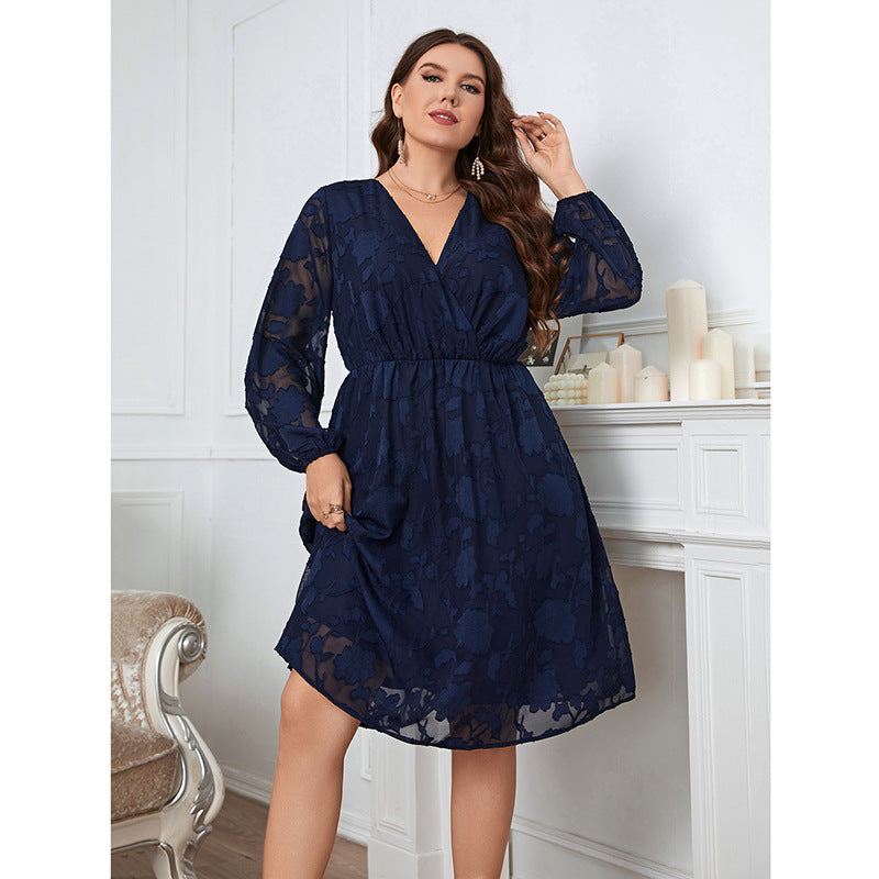 V-neck Large Size Dress with Lantern Sleeve Design