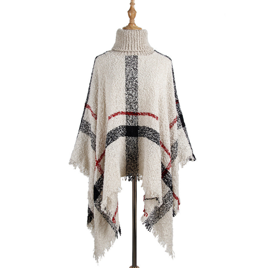 Knit Sweater with Turtleneck and Fringe Cape Design