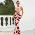 Backless Printed Pleated Ruffled Halter Dress for Women