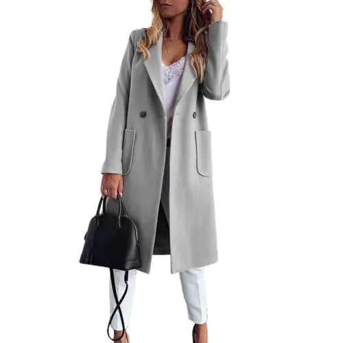 Women's Wool Coat with Double Pockets and Suit Collar