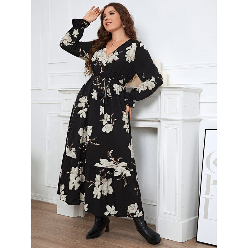 LR151 Long Floral Print Dress with Lily Design