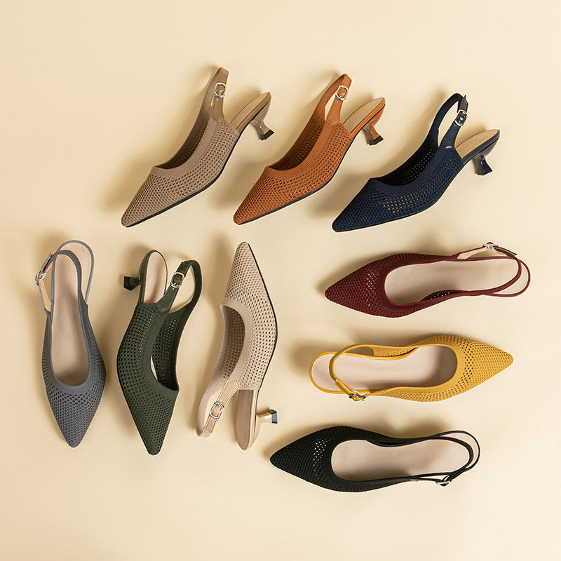 Summer Pointed Toe Hollow Knit Women's Cat Heel Shoes