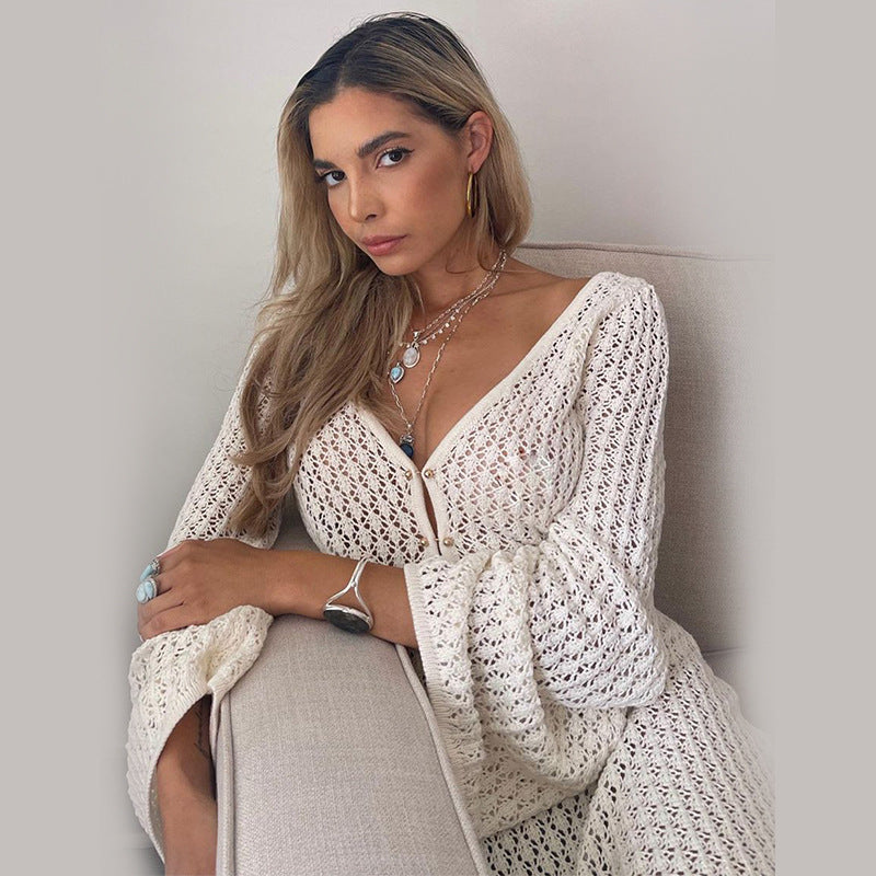 Summer Women's Solid Color Knitted Beach Cover-Up Dress