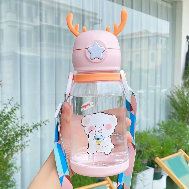 Cute Cartoon Antler Water Bottle 600ml with Strap